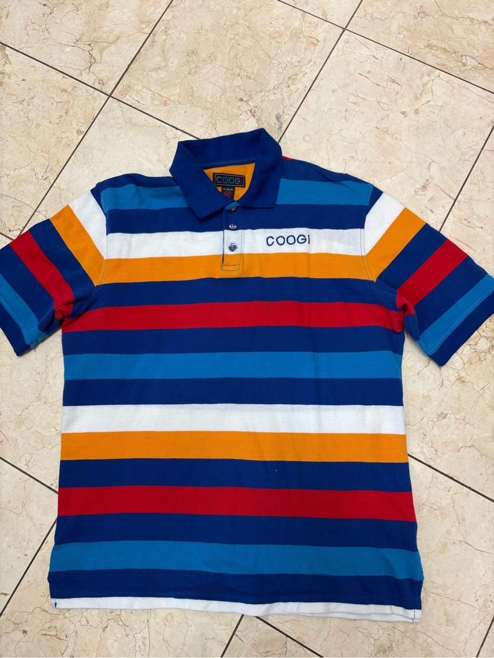 COOGI Young Men Bold Striped Polo in Blue, Red & Orange